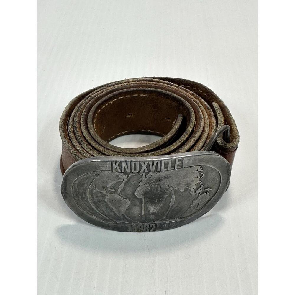 VINTAGE KNOXVILLE TENNESSEE 1982‎ WORLD'S FAIR BELT BUCKLE LEATHER BELT 36-38
